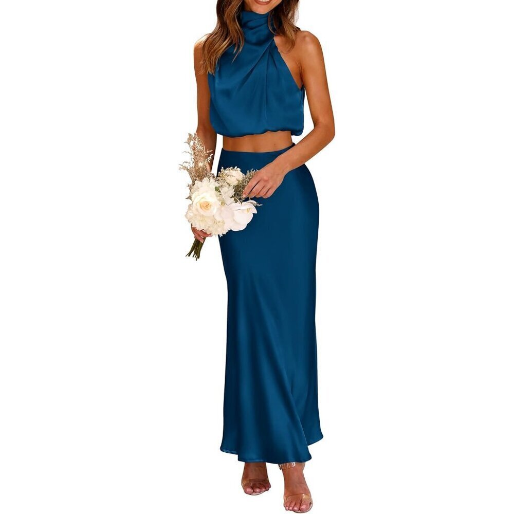 Women's Satin 2 Piece Set Sleeveless Cropped Top Long Skirt Summer Outfits